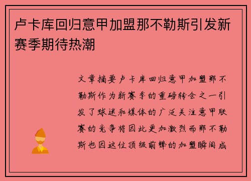 卢卡库回归意甲加盟那不勒斯引发新赛季期待热潮