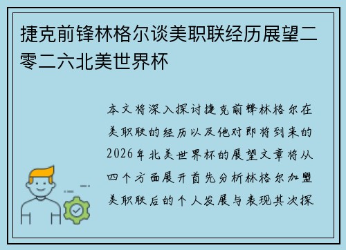 捷克前锋林格尔谈美职联经历展望二零二六北美世界杯
