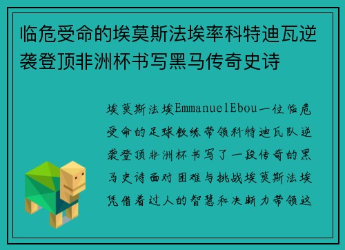 临危受命的埃莫斯法埃率科特迪瓦逆袭登顶非洲杯书写黑马传奇史诗